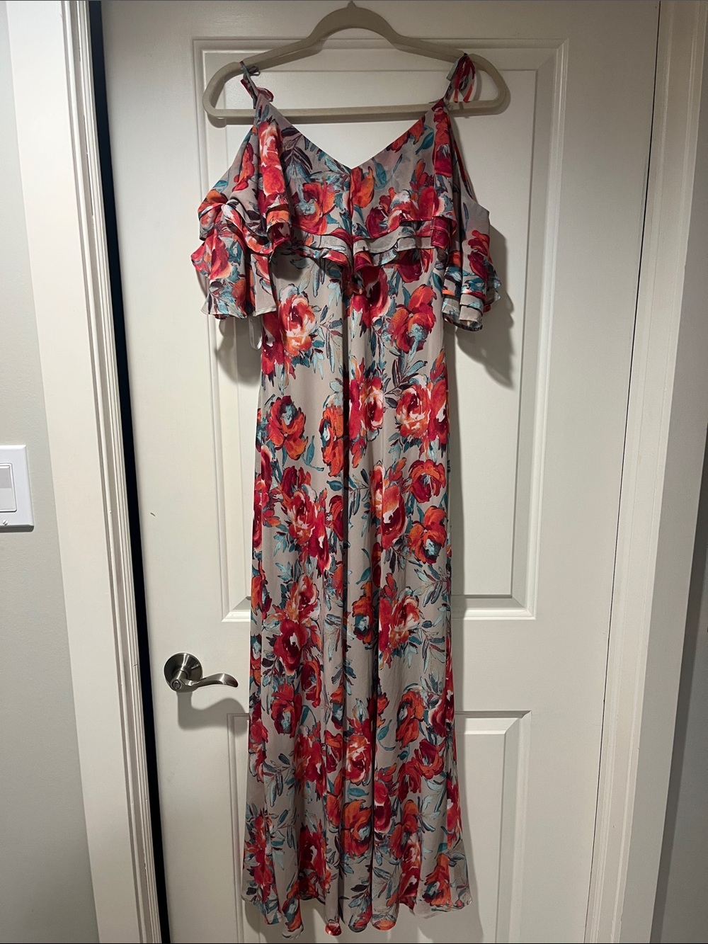 Calvin Klein Floral Cold-Shoulder Maxi Dress in Coral & Cream